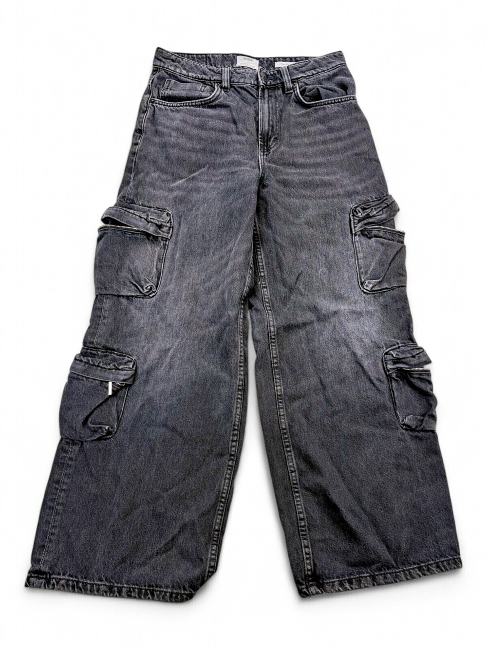Cotton On Super Baggy Cargo Wide Leg Jeans 28 Washed Black Charcoal Cotton
